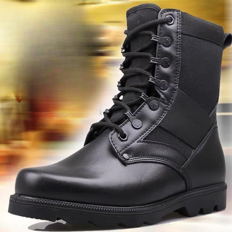 Men's Security Boots Black High-top Leather Boots Outdoor Tactical Combat Boots Anti Slip Hiking Boot Hunting Safety Shoes Botas
