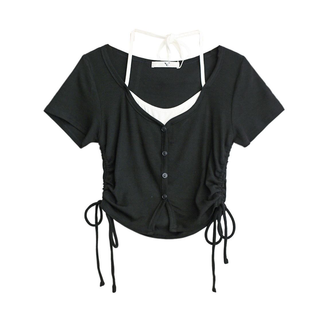 

Новый летний элегантный женский топ из двух предметов Sweet Pure Desire, облегающий пуловер на шнурке, свисающий вырез, сексуальная футболка с коротким рукавом XL чёрный