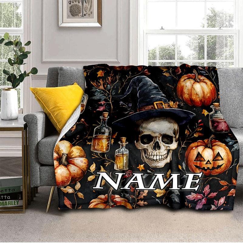 1PC Custom Name Halloween Witch Skull Art Outdooor Flannel Blankets Throw Blanket All-Season Throw Gift Bedspread for Couch, Bed, Camping Holiday Birt