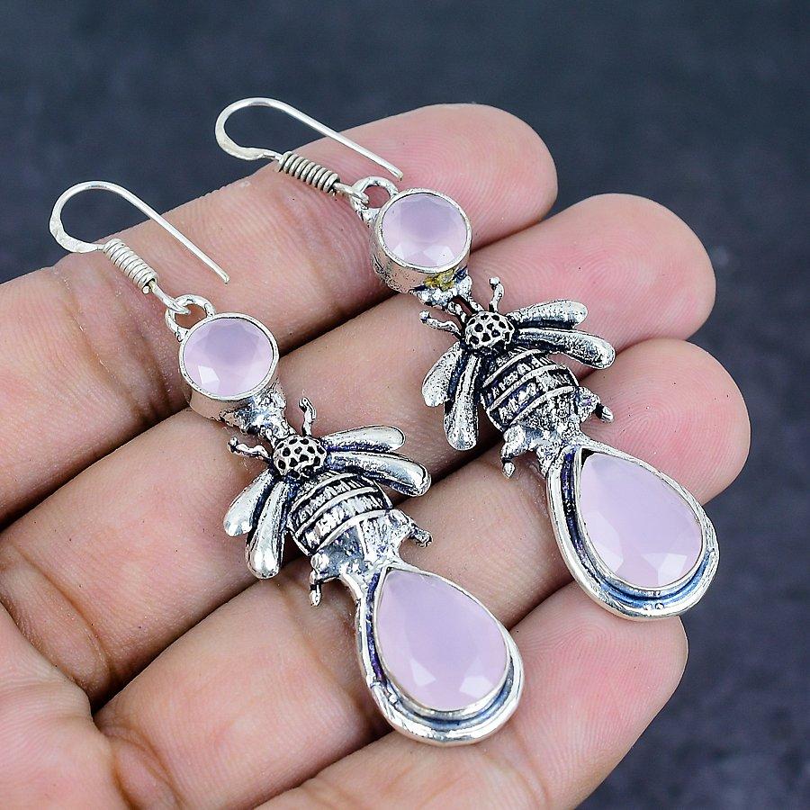 Natural Pink Chalcedony Gemstone Handmade 925 Sterling Silver Earring 2.56" E7H84
