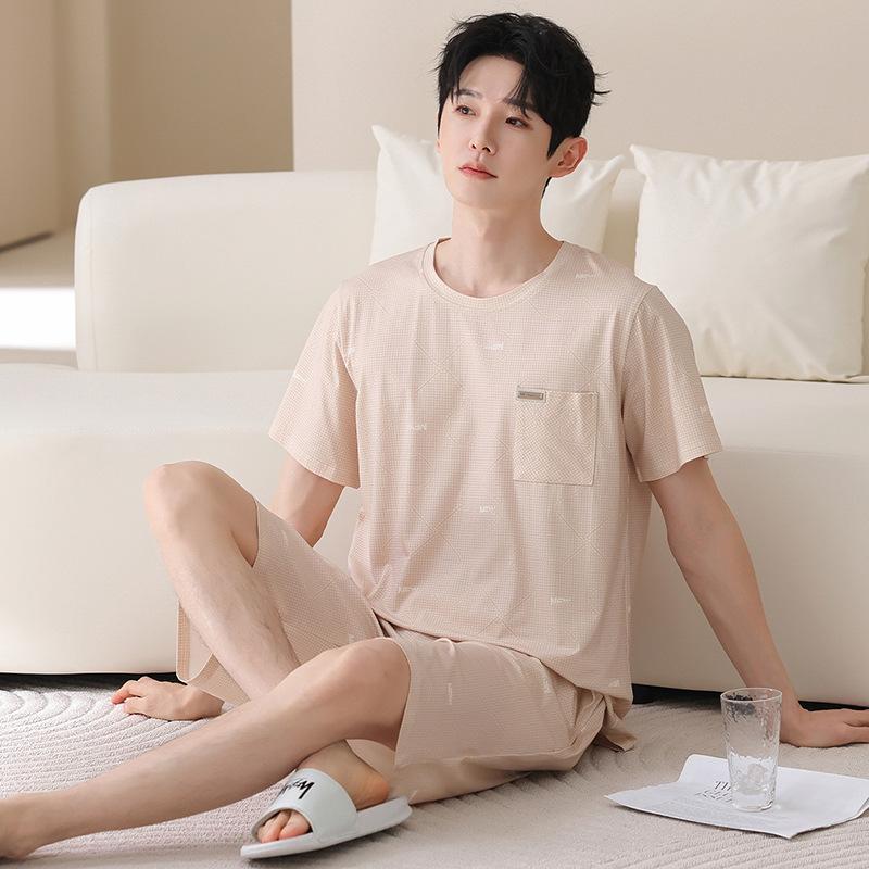 Lyocell cotton men's pajamas summer thin short-sleeved five-point pants suit casual teen men's loungewear can be worn outside
