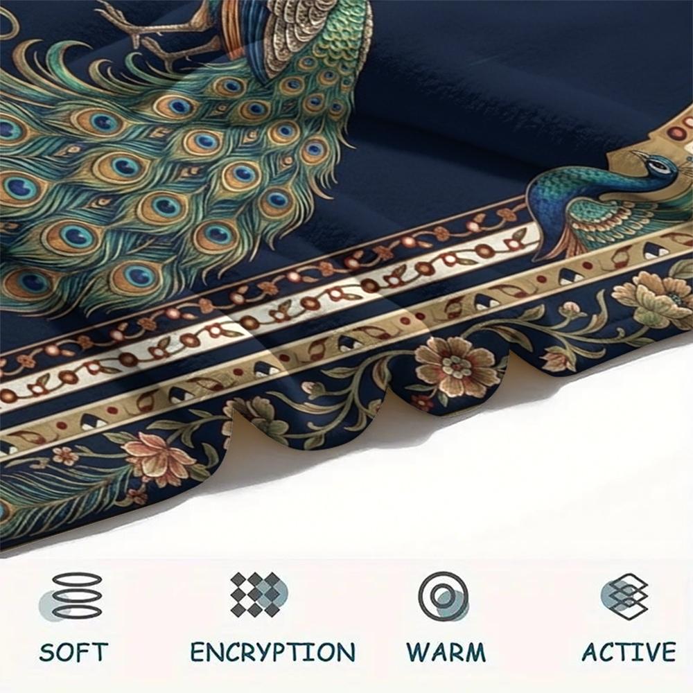 1Pc Peacock Print Flannel Blanket, High quality Comfortable for All Seasons, Home Decor, Warmth and Comfort, Perfect for Christmas Gifts W118