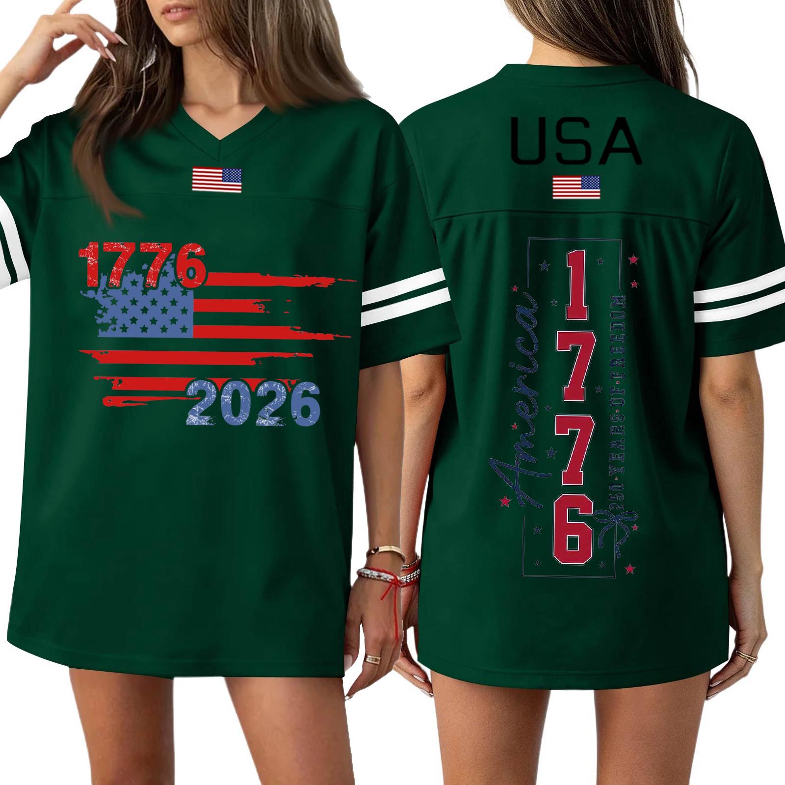 Womens Loose Fit Short Sleeve T Shirt with 1776 2026 Flag Print USA Letter Graphic V Neck Casual Top XXL