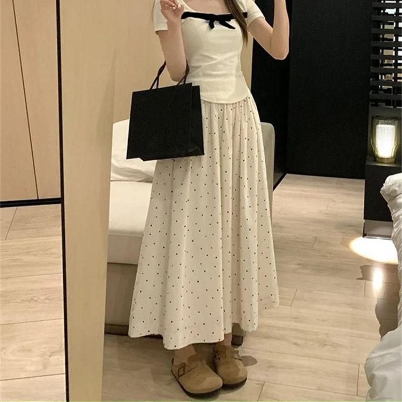 Soft Beige Polka Dot Midi Skirt for Women - Summer High-Waist A-Line Long Skirt with Simple Elastic Waist