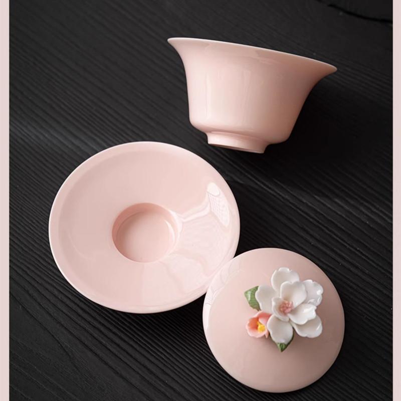 Creative Hand-kneading Flowers Ceramic Gaiwan Handmade Suede Jade Porcelain Tea Tureen Teacup Household Tea Bowl Chinese Teaware