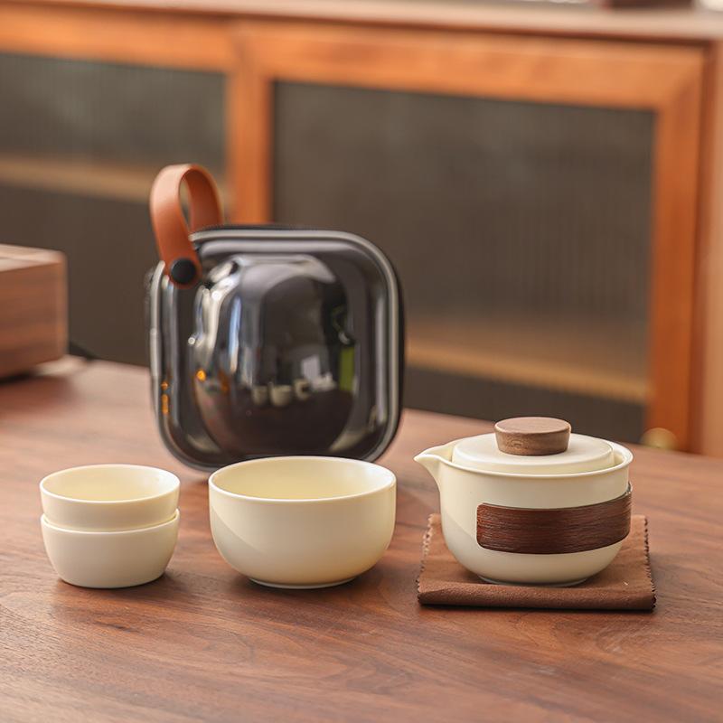 Przenośny zestaw do herbaty Kungfu z białym szkliwem księżycowym, podróżny ceramiczny zestaw do herbaty, minimalistyczny wygląd, nowoczesne chińskie zestawy do herbaty, odpowiednie do domu, biura, podróży służbowych