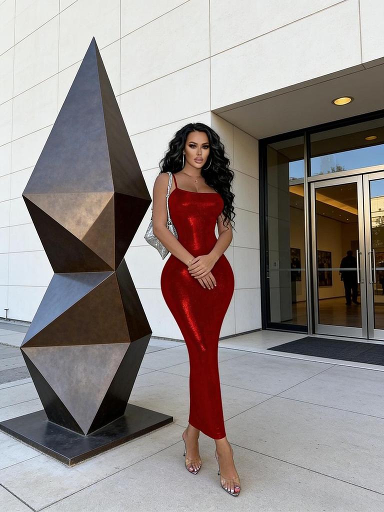 2025 New Year's Red Shiny Bodycon Slip Dress - Elegant Formal Gown for Valentine's Date