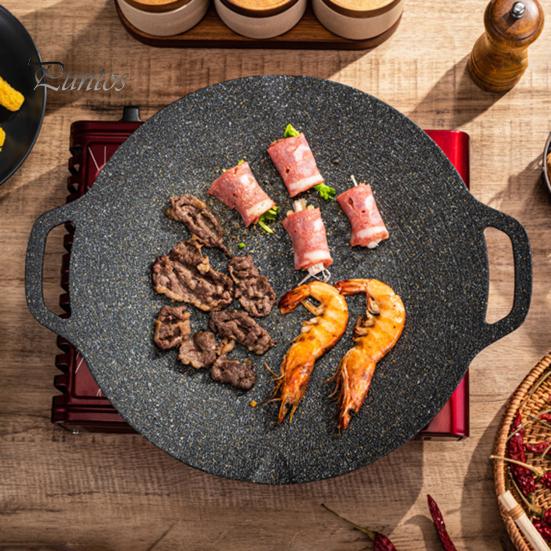 Korejská BBQ grilovací pánev s nepřilnavým kulatým pekáčem pro vnitřní vaření, grilovací plech s rukojeťmi, litinová pánev pro domácí kempování
