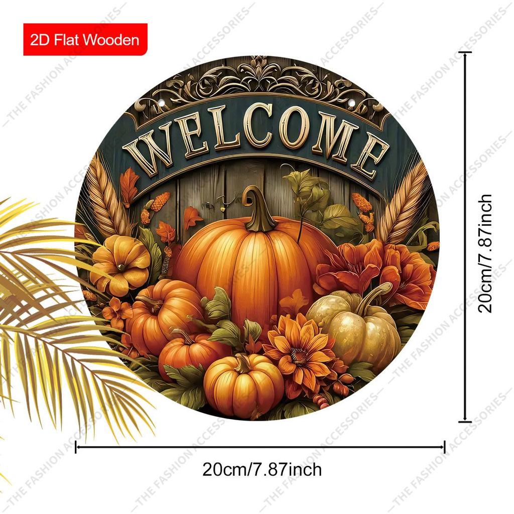 Welcome Pumpkin Fall Round Wooden Hanging Sign, Autumn Door Wall Decor