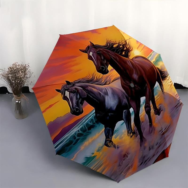 Sunset, Horses Automatic Folding Umbrella Compact 8 rib Design, Unique Style, Suitable for Everyday Outdoor Use, Perfect Gift for Friends an