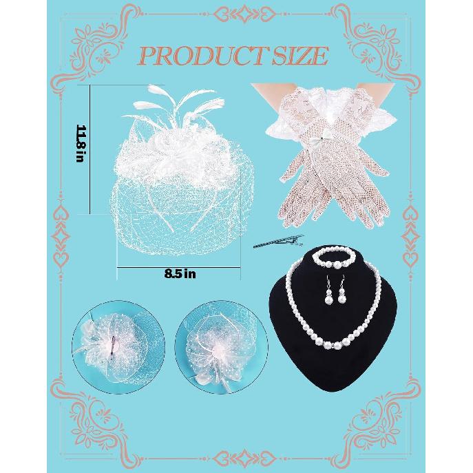 Fascinators Hat for Women Tea Party Funeral Veil Mesh Hats Wedding Lace Gloves Set for Cocktail First Communion