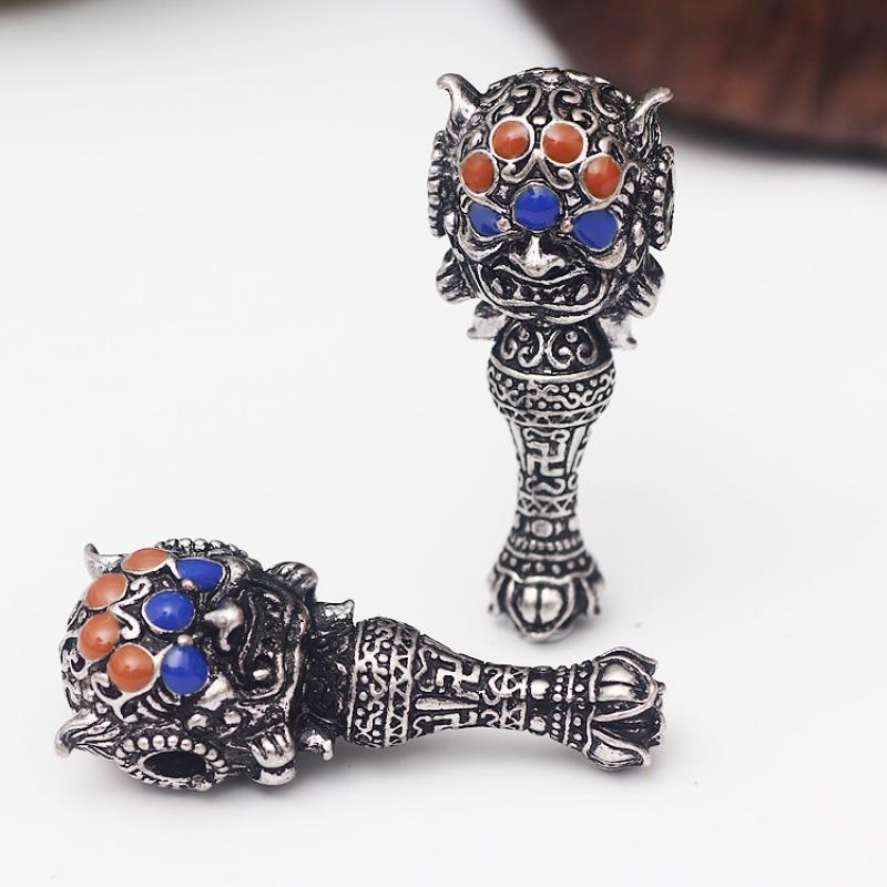 43Mm Old Chinese Miao Silver Mahakala Wrathful Deity Buddha Head Amulet Pendant