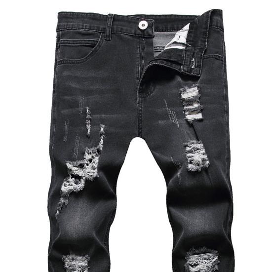 Men Jeans Ripped Holes Slim Fit Soft Breathable Button Zipper Closure Mid Waist Color Matching Hip Hop Streetwear Men Long Pants