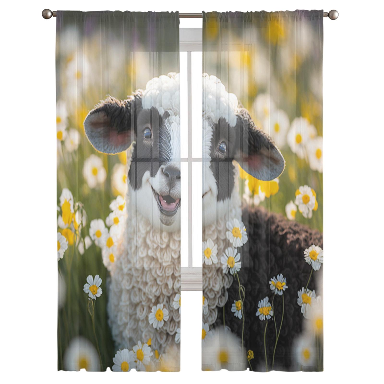 

Прозрачные шторы с овцами и ромашками на ферме для гостиной, спальни, детской комнаты, тюлевые занавески для окон 135W x 114H(cm)