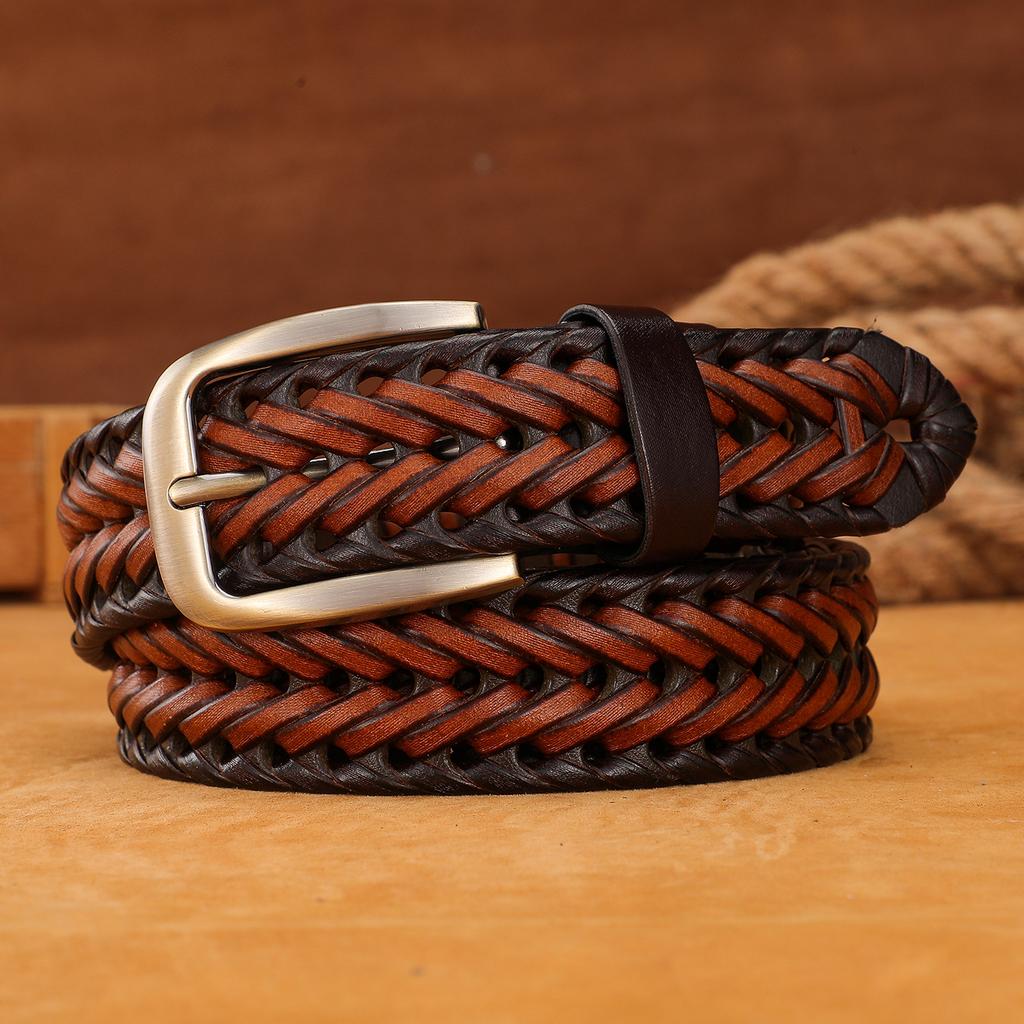 Belt for Men's Retro Hand-woven Genuine Leather Pants Belt for Students' Pin Buckle Versatile Trendy Young People