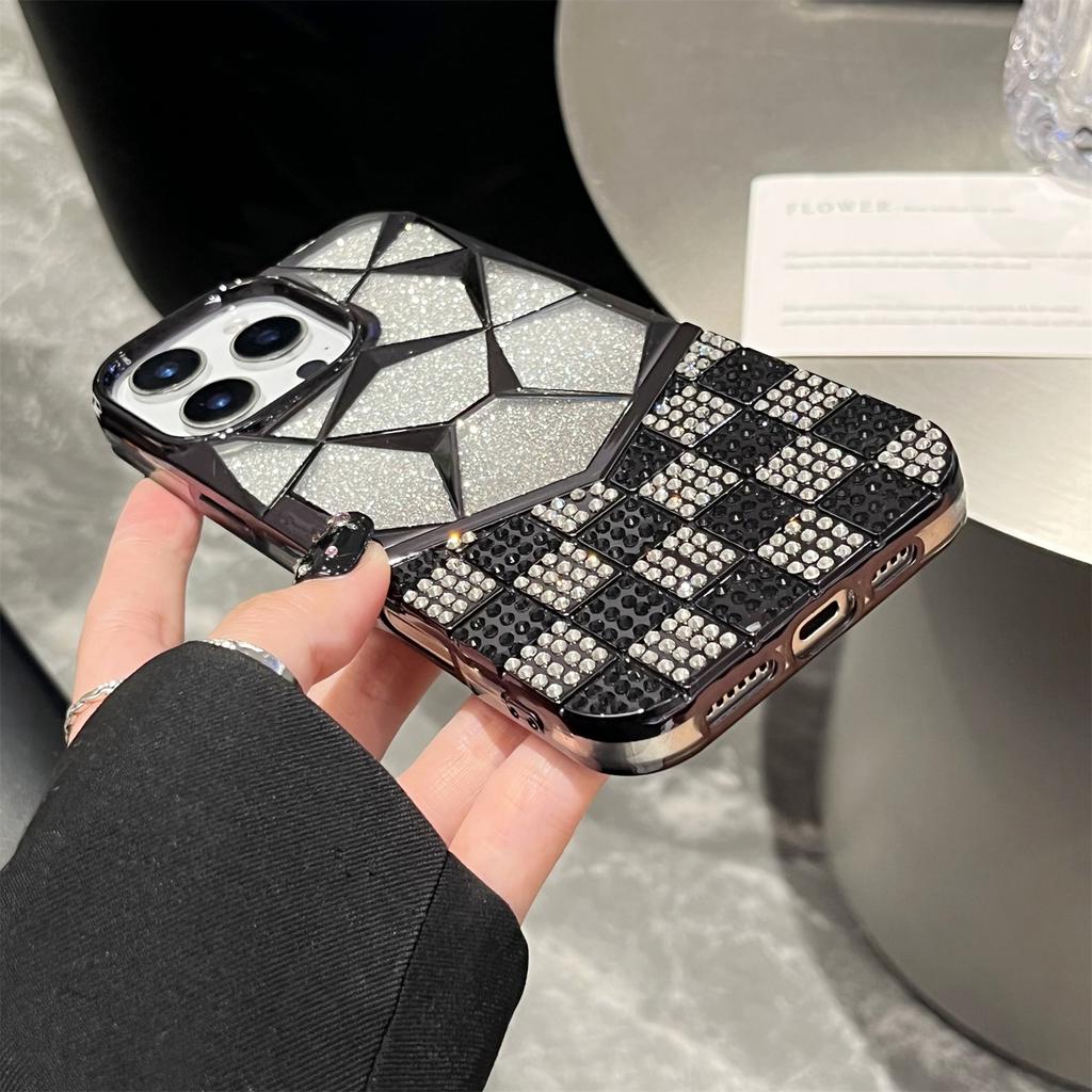 For iPhone 16 Pro Max Case with Glitter Paper Plate Geometric Diamond Pattern Rhinestone Electroplating TPU Phone Cover