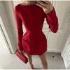 Double Bow Long Sleeve Mini Dress For Women Spring Autumn New Solid Color Red Black High Waist Sexy Club Party Dress