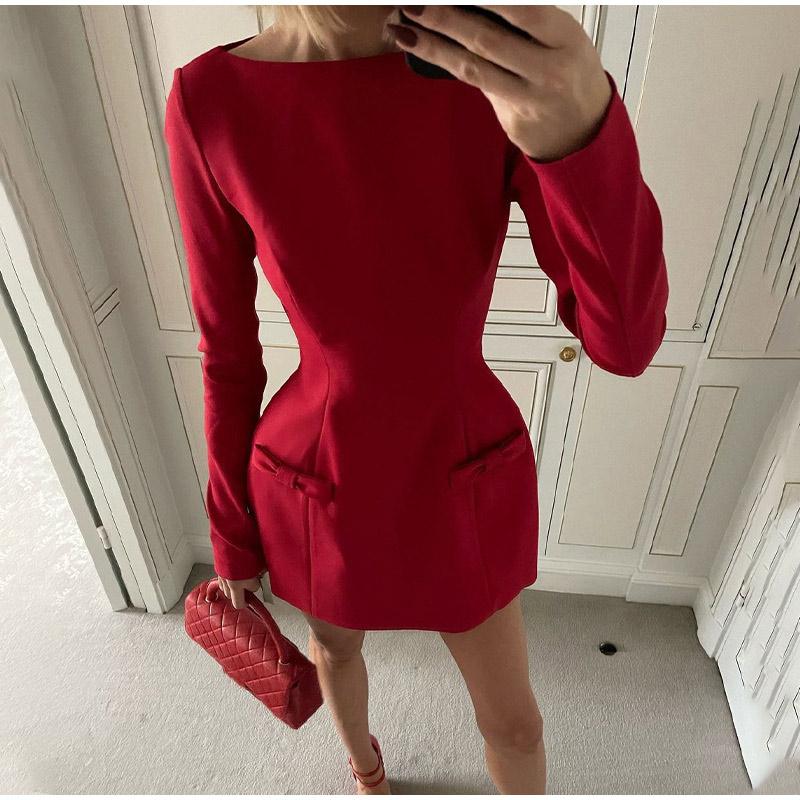 Double Bow Long Sleeve Mini Dress For Women Spring Autumn New Solid Color Red Black High Waist Sexy Club Party Dress