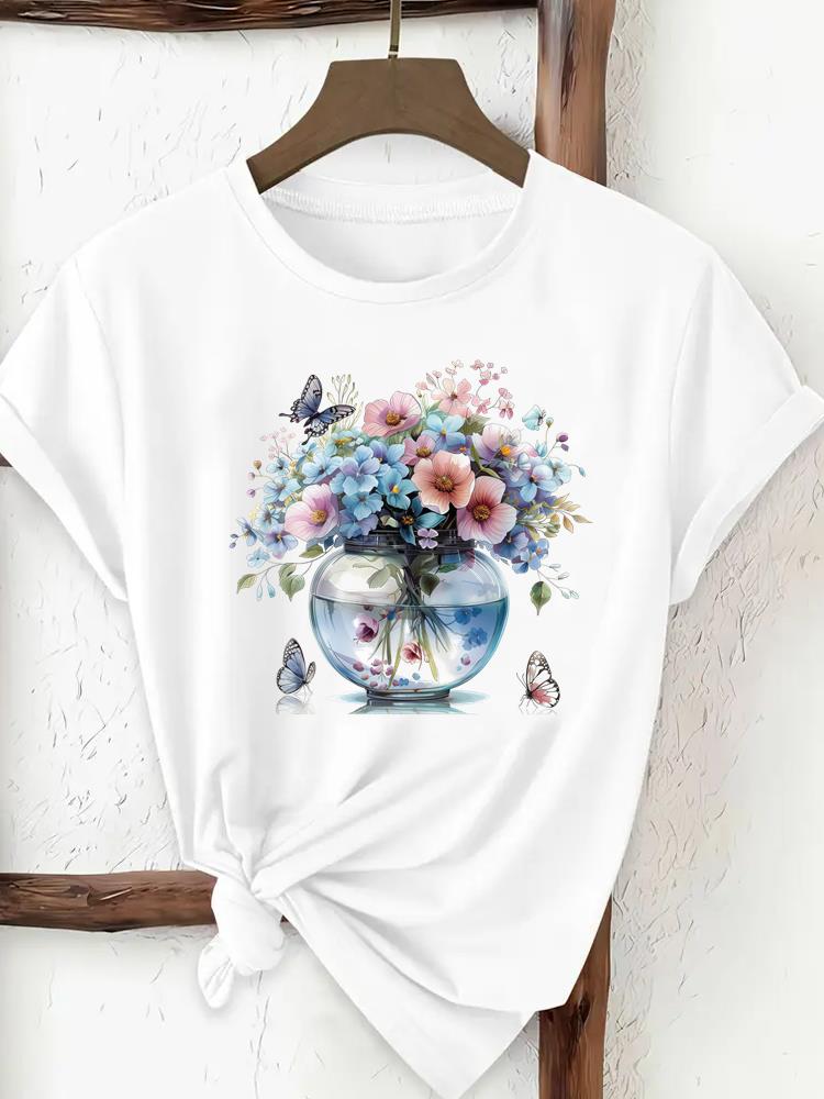 (Asian Size) Butterfly Flower Trend Woman Top Fashion Women Clothing T Shirt Female Short Sleeve Graphic T-shirts Print Tee