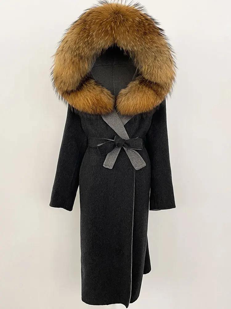 OFTBUY Winter Women Coat Real Natural Fox Fur Hooded Detachable Collar Double-faced Woolen Jacket Long Casual Elegant Overwears