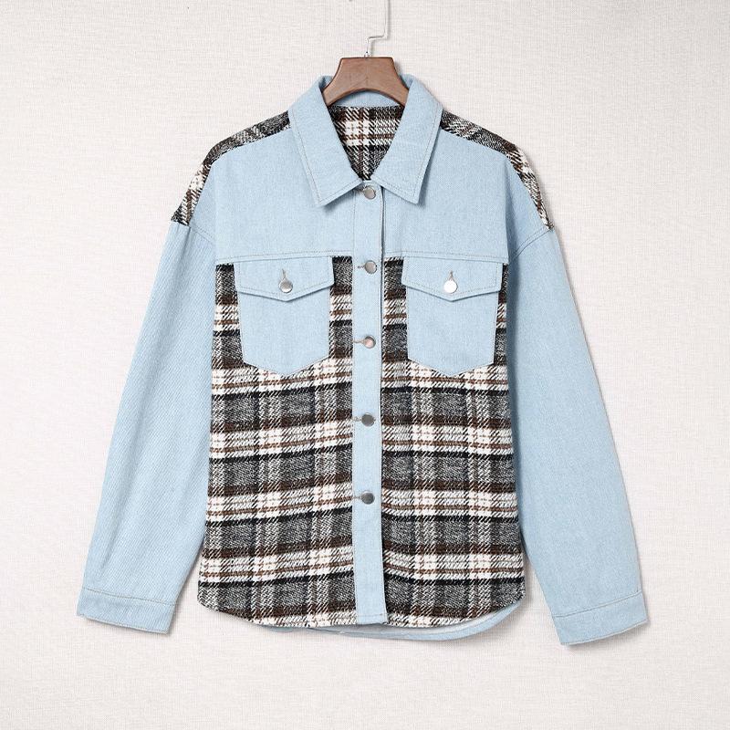 Women's Autumn and Winter Plaid Contrast Color Loose Single-breasted Denim Jacket Women Top Cardigan Long Sleeve