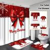 4Pcs Merry Christmas Bow Shower Curtain Set with Non-Slip Bath Mat, Toilet Lid Cover, Contour Rug & 12 Hooks, Bathroom Decor
