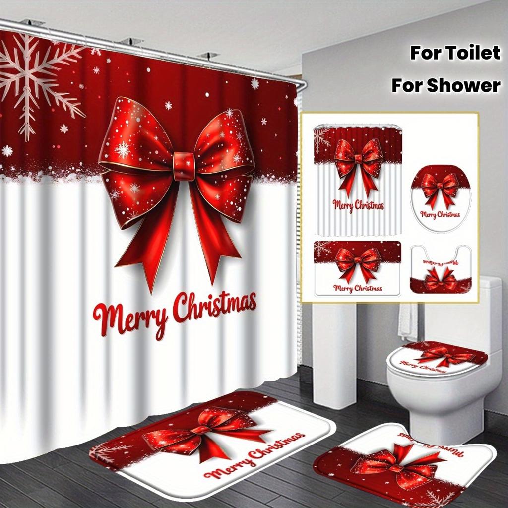 4Pcs Merry Christmas Bow Shower Curtain Set with Non-Slip Bath Mat, Toilet Lid Cover, Contour Rug & 12 Hooks, Bathroom Decor