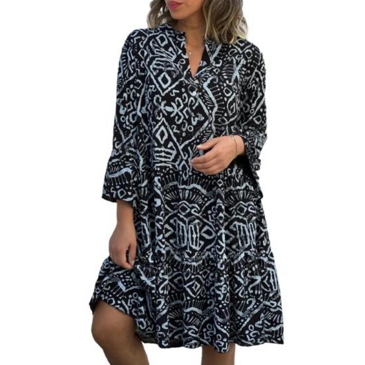 Women Summer Boho Patchwork Dress V Neck Loose Fit A Line Midi Geometric Print Three Quarter Sleeve Spring Fashion M чёрный