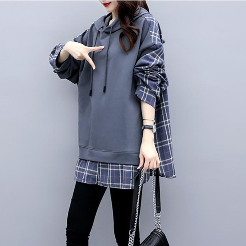 

Поддельные толстовки из двух предметов, женские осенние толстовки с капюшоном в Корейском стиле, свободные женские толстовки больших размеров L