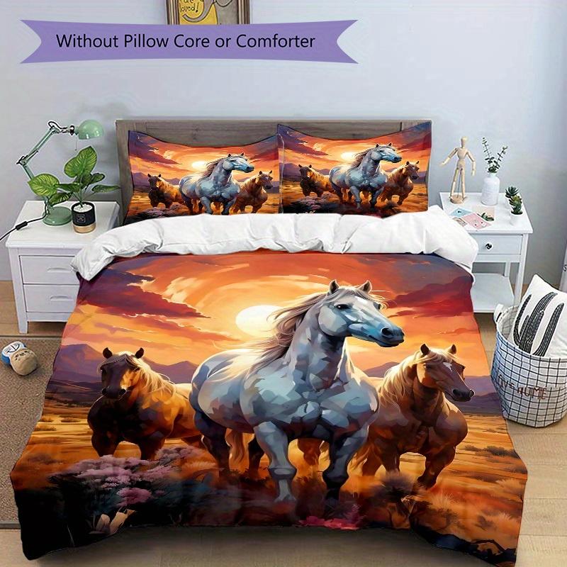 3pcs Animal-themed Horse Sunset Soft and Comfortable Breathability, Bedding Set, Machine Washable, Suitable for All Seasons134