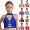 Girls Latin Dance Crop Top Halter Sleeveless Crisscross Back Mesh Patchwork Sparkling Rhinestones Vest