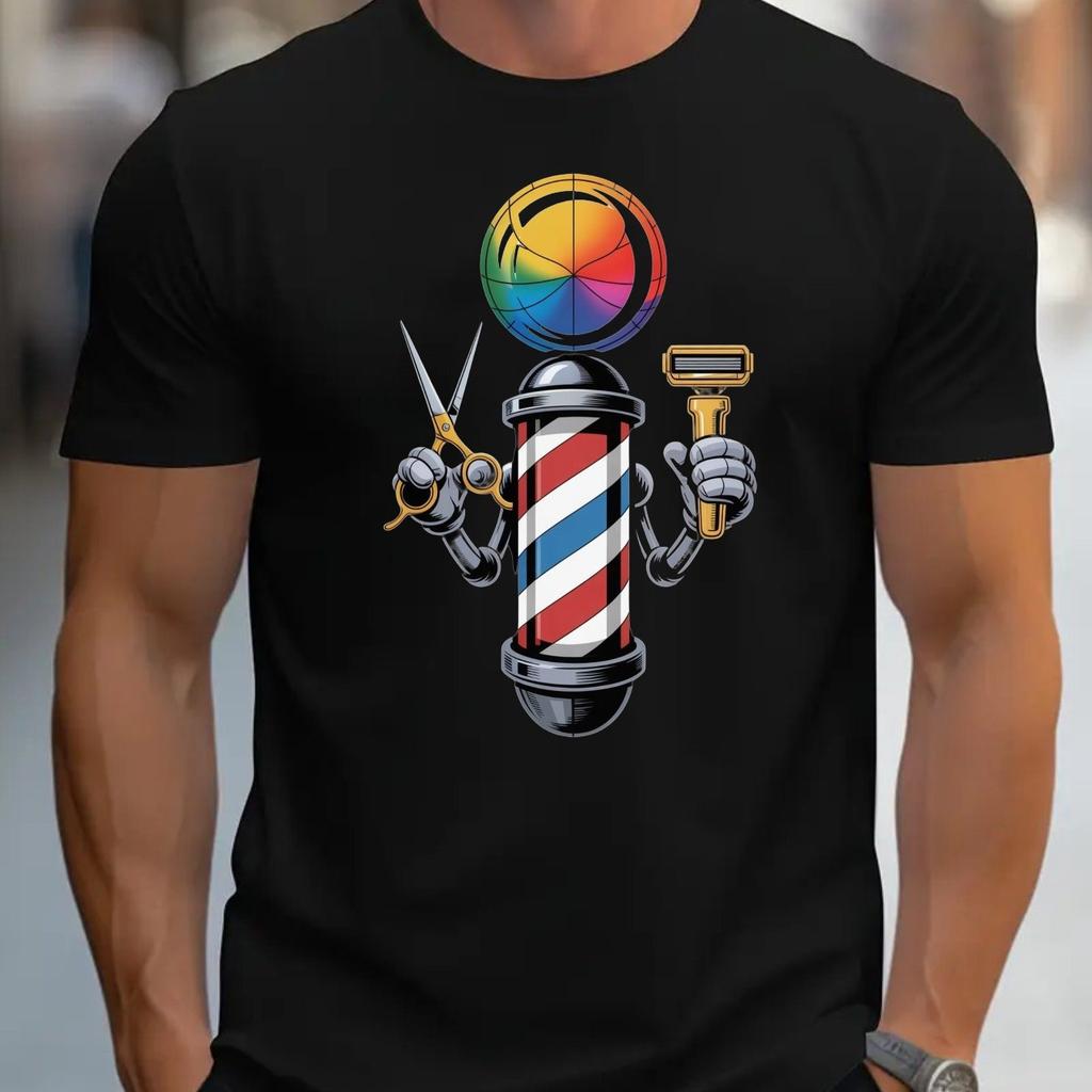 Barber Pole Rainbow Basketball Graphic Print Mens Black Cotton Casual Short Sleeve TShirt