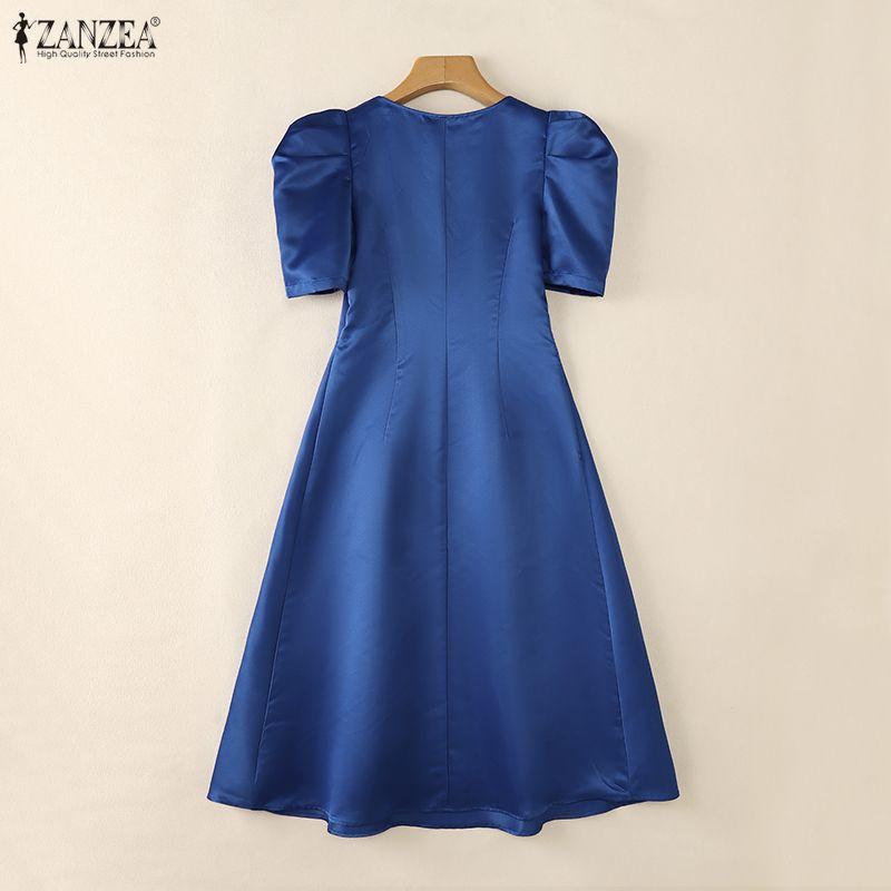 ZANZEA Women Casual Bows Splice V-Neck Summer Short Sleeve Dress