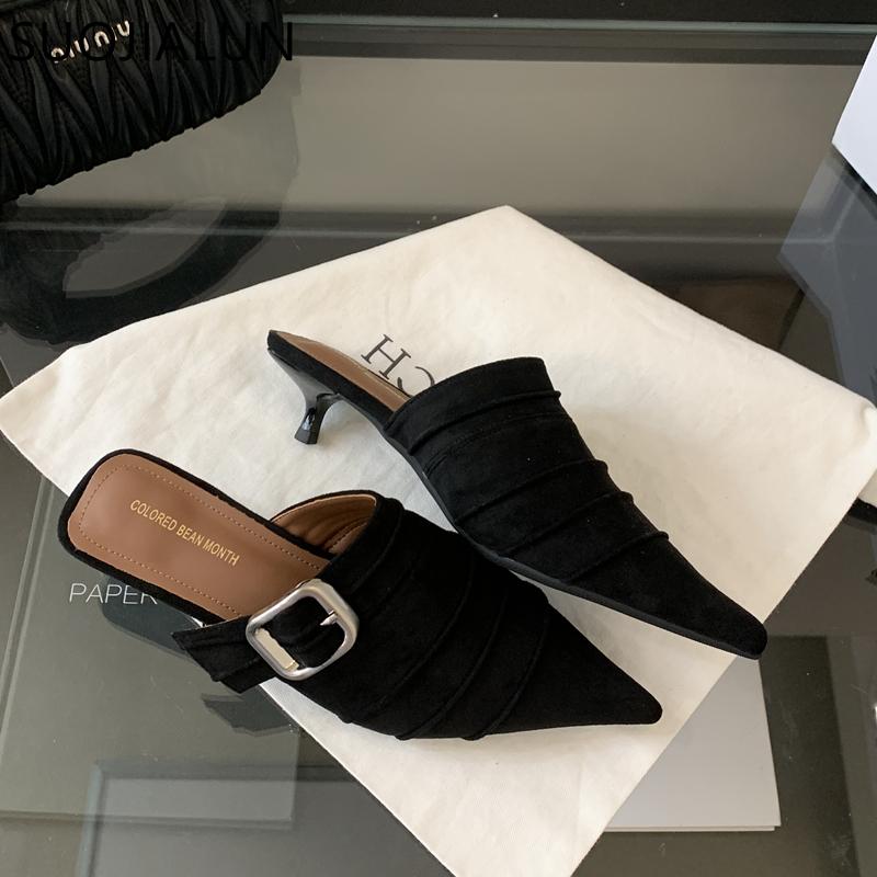Fashion SUOJIALUN 2025 New Brand Women Slipper Fashion Pointed Toe Slip On Mules Shoes Thin Med Heel Outdoor Dress Slides Pumps Shoes