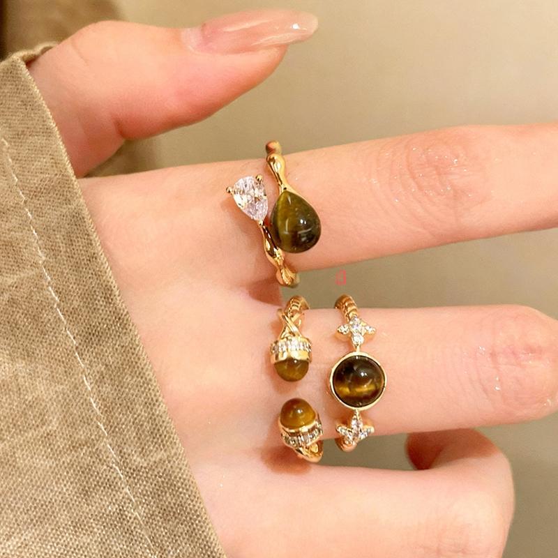 Vintage Tiger Eye Stone Rings for Women Girls Waterdrop Zircon Exquisite Aesthetic Open Ring Fashion Elegent Jewelry Party