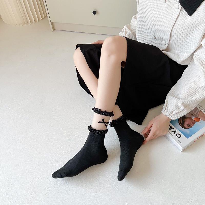 Sweet Bowknot Ruffle Women Middle Tube Socks Girls Black White JK Lolita Summer Thin Socks Harajuku Kawaii Short Socks