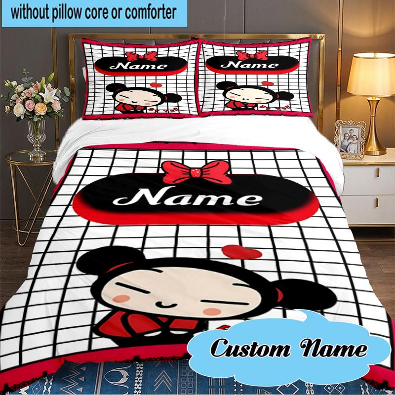 Custom Name 3PCS Heartfelt Pucca Moment Bedding Set Including 1pc Duvet Cover And 2pcs Pillowcases for Bedroom, Dormitory Gift Home Decor