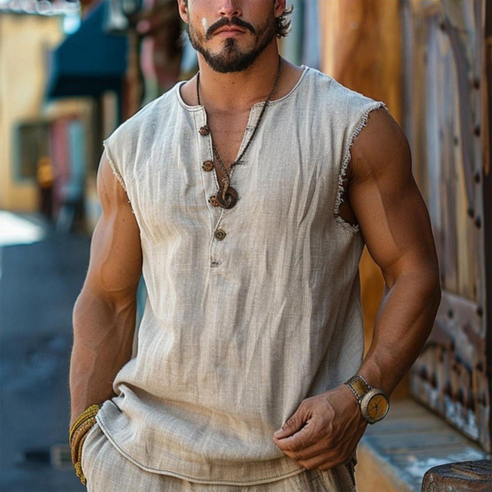 Men s Vest  Button  Vest  Casual  Sleeveless T-shirt L бежевый