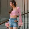 Square Neck Long Sleeve T-Shirts Women 2022 Fashion Cute Feather Top faux fur Sexy Y2K Crop Top Streetwear Tee Shirt femme