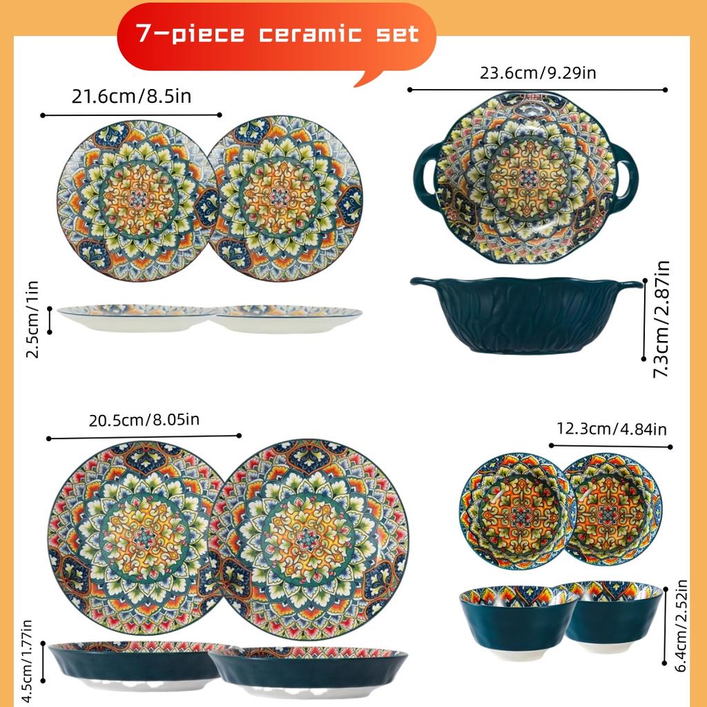 Bohemia Ceramic Plate 7-piece Set, High-value Dessert Plate, Retro Steak Plate, Pasta Bowl, Salad Bowl, Artistic Soup Bowl