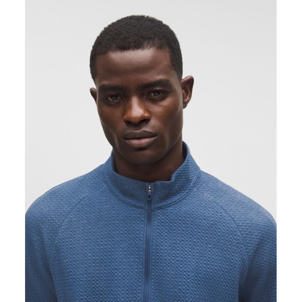 Lululemon Textured Double Knit Cotton Half Zip Heathered Blue Twill Black