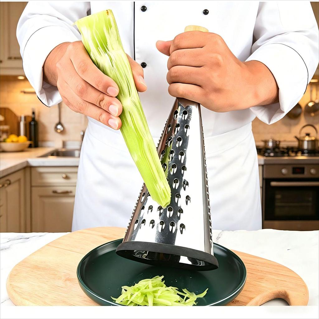 Multi-functional Wooden Handle Tri-Sided Stainless Steel Grater for Fruit, Vegetables, and Cheese