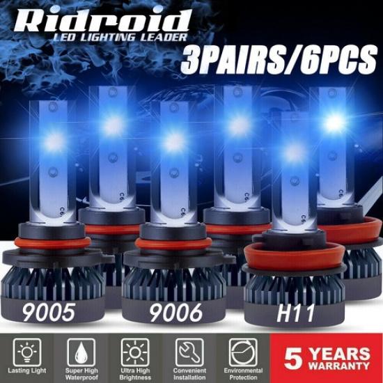 Combo 9005+9006+H11 LED Headlight Fog Light Kit High Low Beam Bulbs Blue 8000K