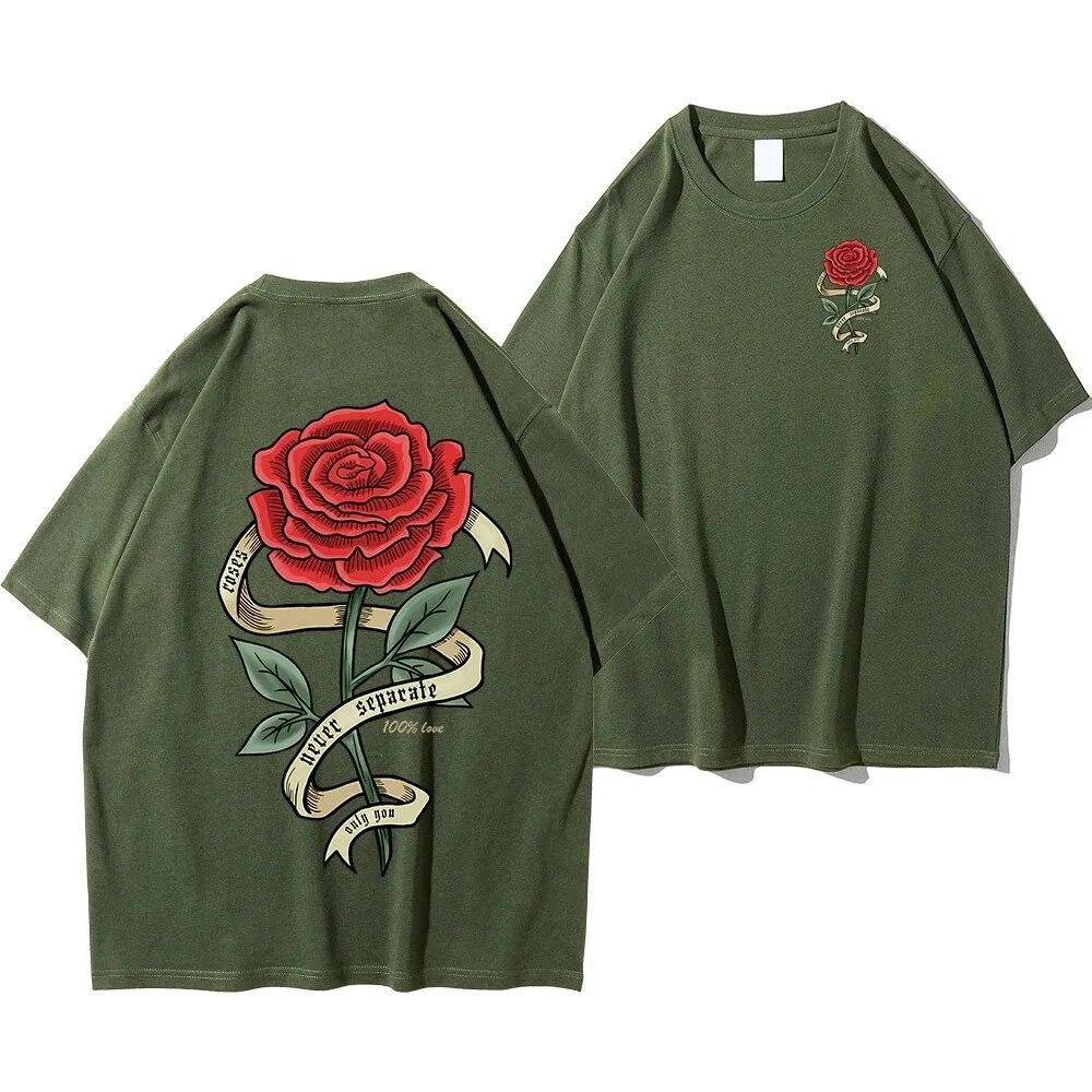 Unisex Sommer Baumwolle Rote Rose Gewickeltes Band Bedrucktes T-Shirt Atmungsaktiv Groß Lässig Locker T-Shirt Kurzarm