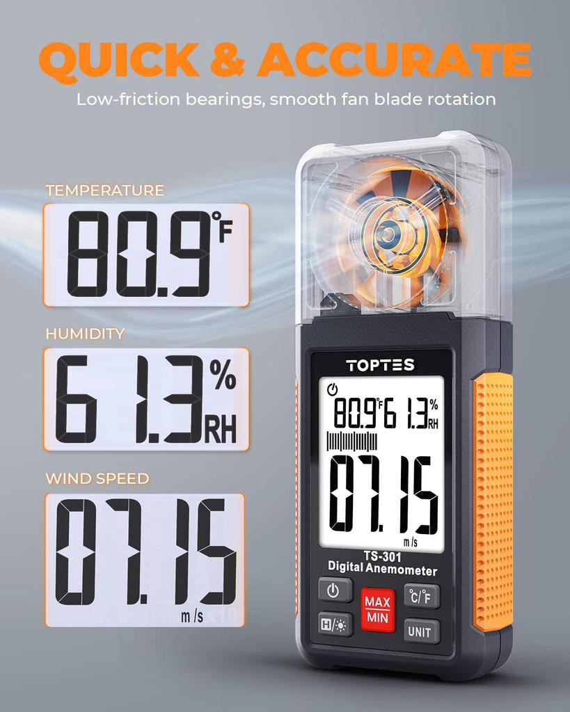 TopTes TS-301 Anemometer: Handy Anemometer with Large LCD Screen, High Precision, Easy Operation, 6 Measurement Units, Suitable for Drone Flights, Out