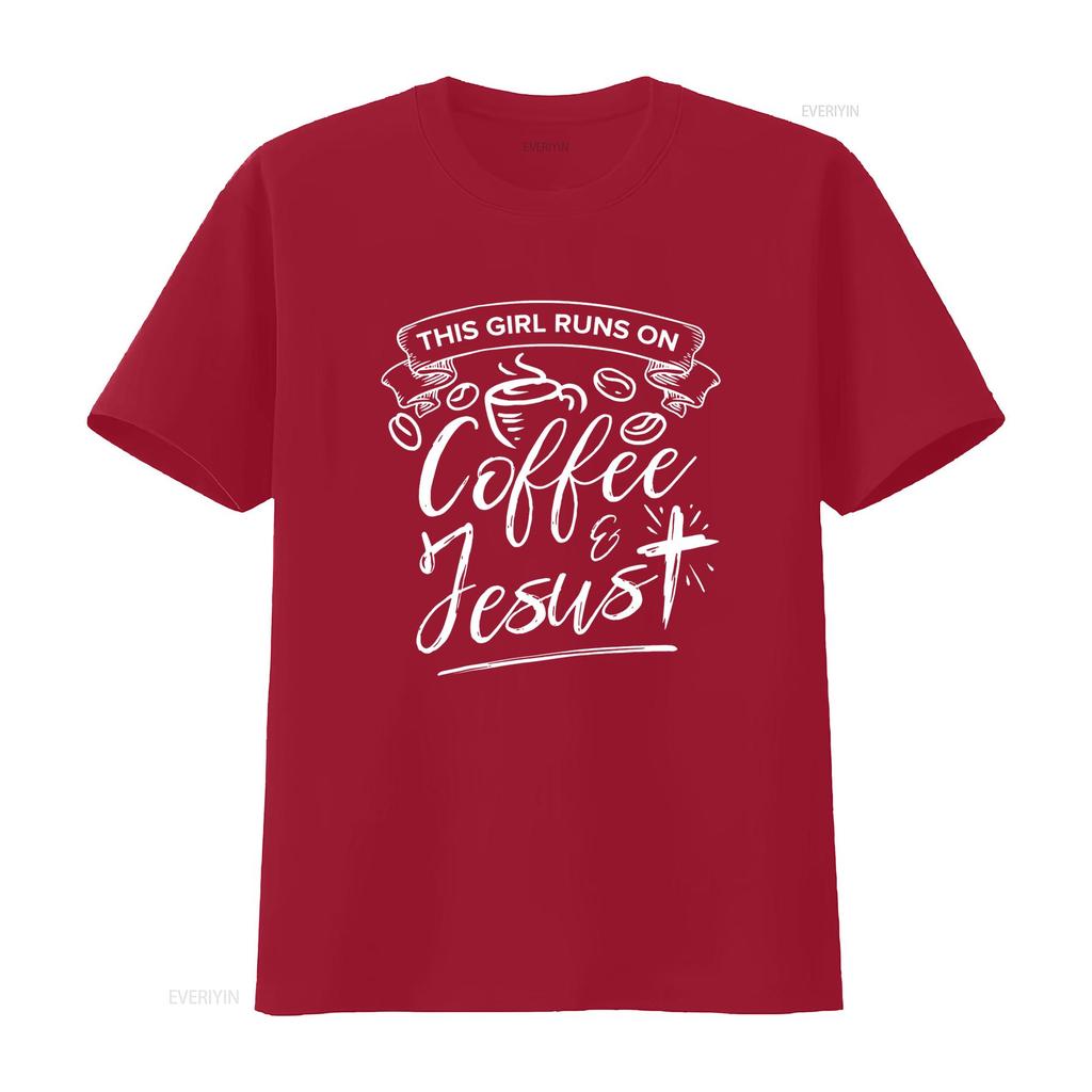 This Girl Runs On Coffee And Jesus T Shirt Faith Lover  vintage Washed Comfortable Top For Everyday Wear Casual Stretched