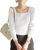 Kobe Lettuce Ribbed Knit Long Sleeve Office Color Variations Sweater, Women's Top, Fall/Winter [C2717] M, Square/Boat Neck, Off-White