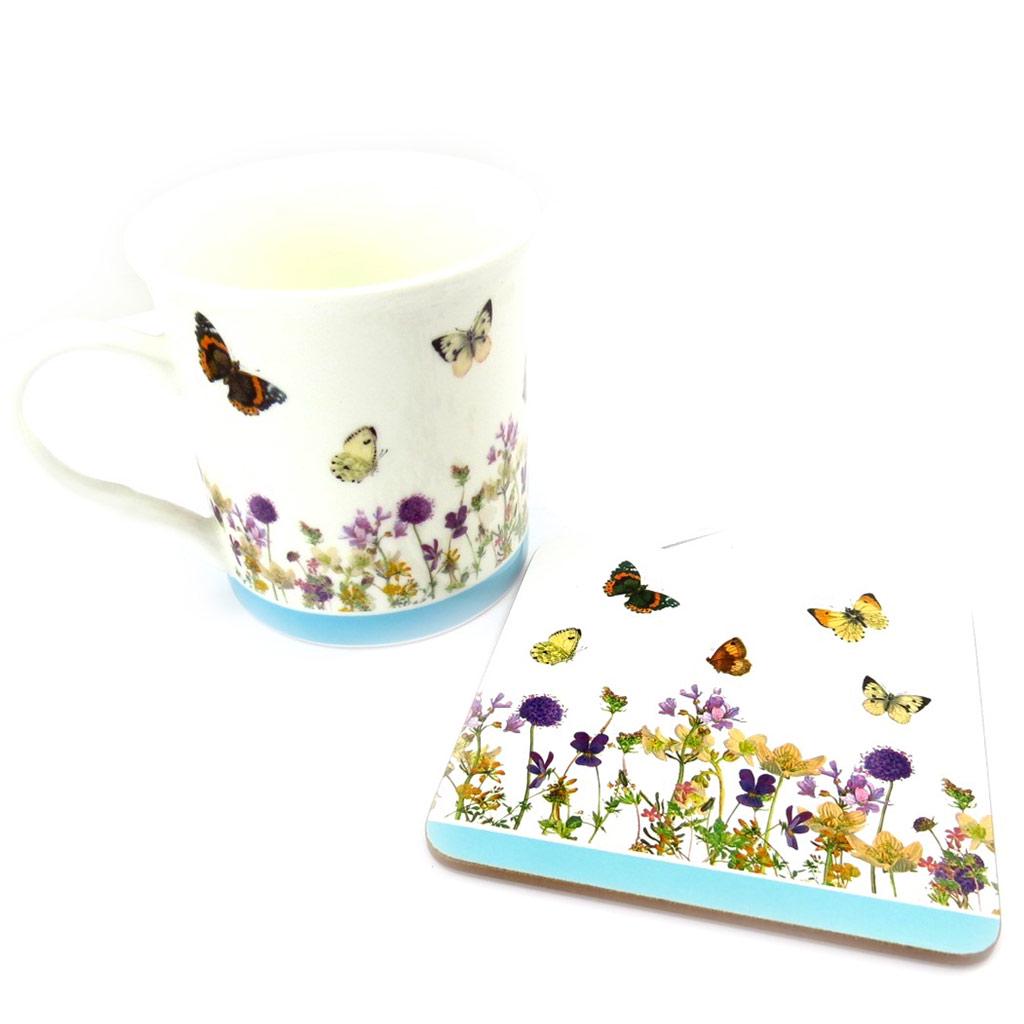 Les Trésors De Lily [R2156] - Coffret Mug porcelaine 'Papillons Romantiques' ( + sous bock) - 95x80 mm