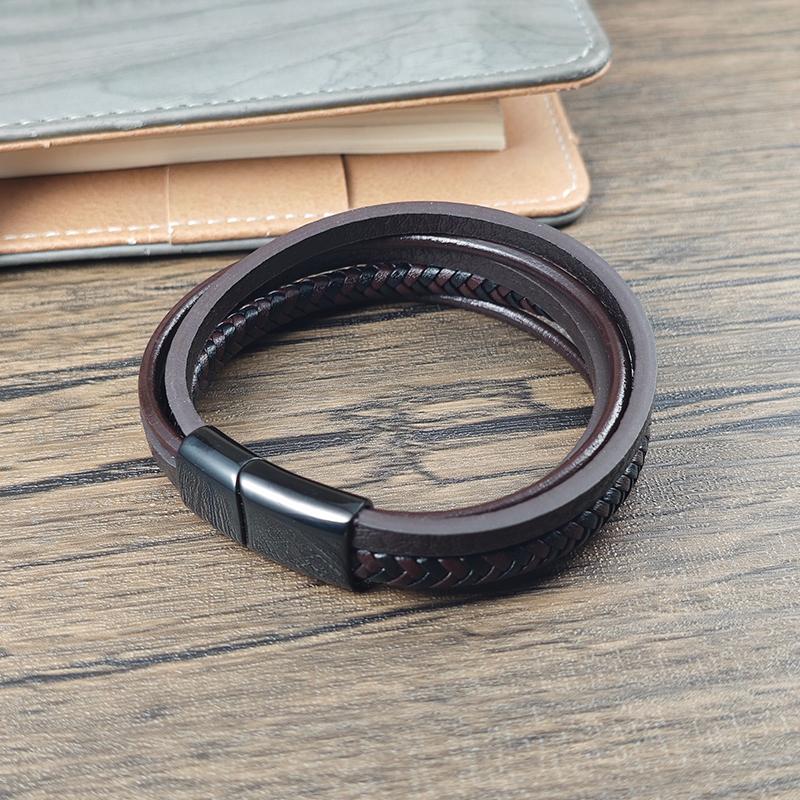 Vintage Men Leather Bracelet Brown Braided Multi-layer Stainless Steel Clasp Casual Wristband Jewelry Gift for Boyfriend