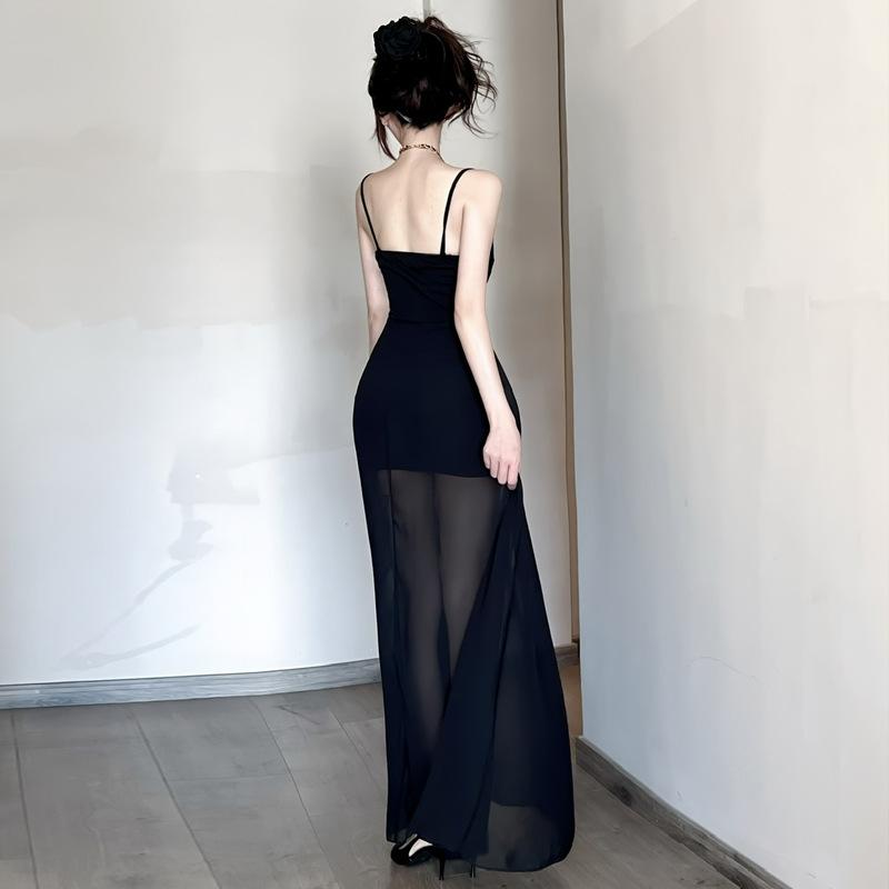 Women's night show sexy mesh stitching thin suspender dress